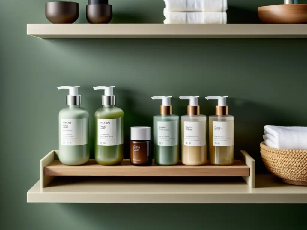 Un estante de baño minimalista lleno de cosméticos sostenibles para el hogar, con diseño elegante y materiales ecológicos