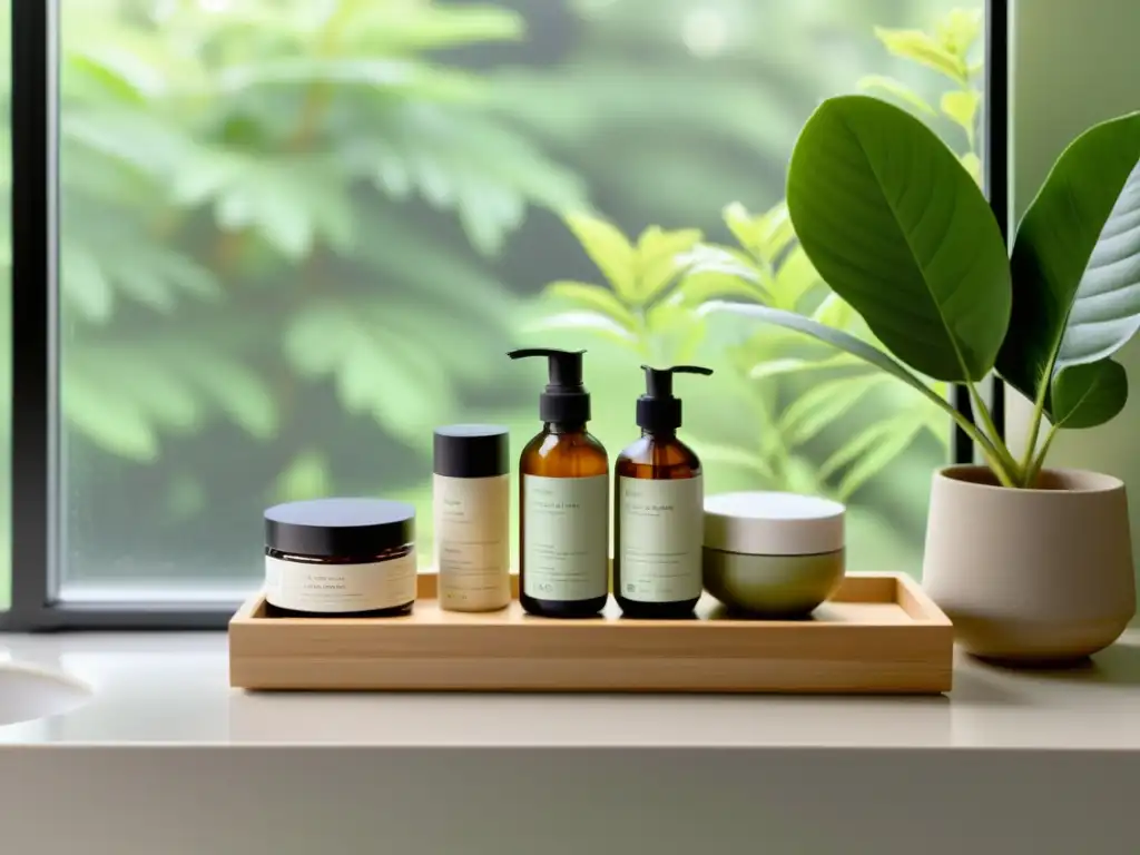 Un estante de baño sereno con productos de belleza sostenibles en envases ecológicos, rodeado de plantas verdes y luz natural