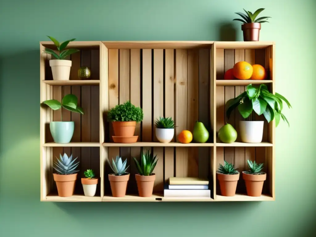 Estantería decorativa con cajas de fruta reutilizadas, plantas y libros en madera natural