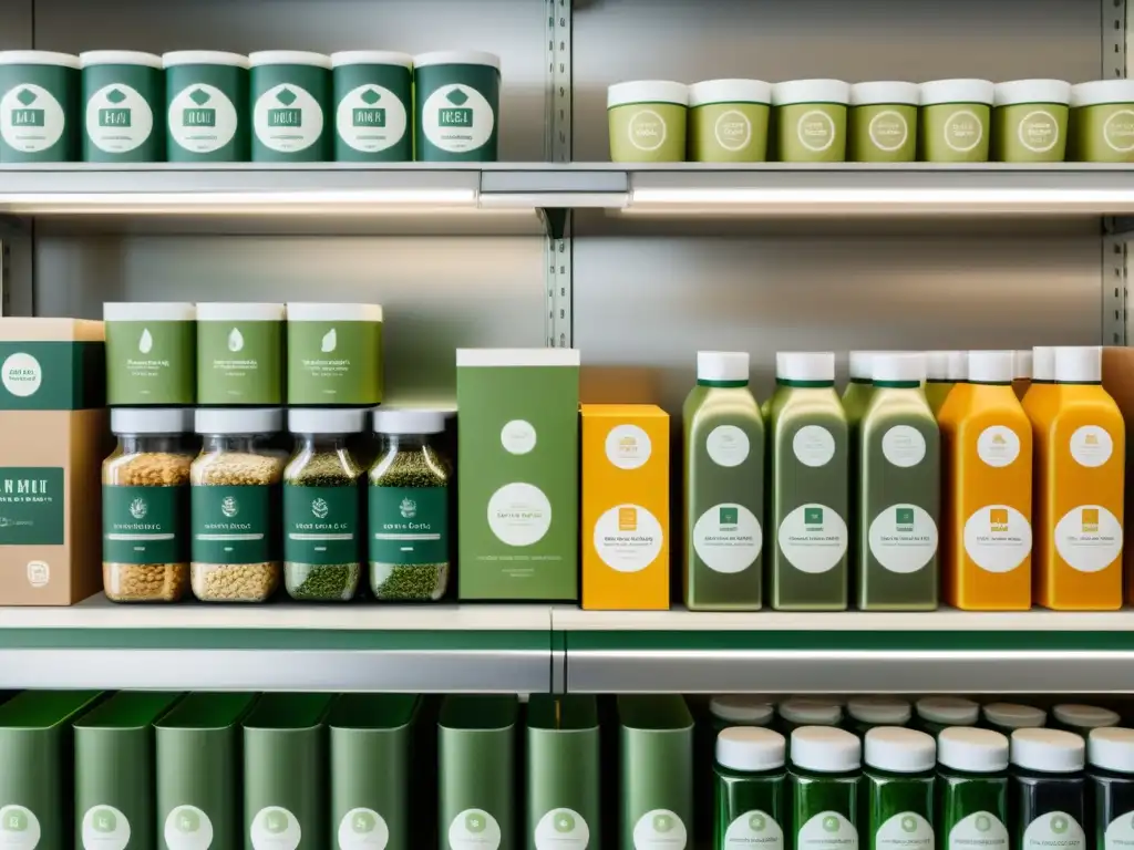 Surtido eco-friendly en estantería minimalista de supermercado Estantería de supermercado moderna con productos en envases ecológicos y símbolos de reciclaje