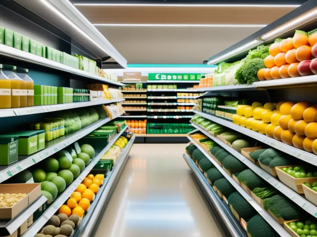 Estantería de supermercado con productos sostenibles identificables, promoviendo prácticas de compra responsables en un ambiente moderno y acogedor