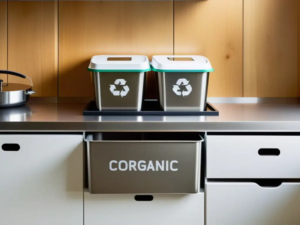 Estrategias de compostaje en casa: Cocina moderna con contenedores para reciclaje, compostaje y basura, promoviendo un hogar sostenible