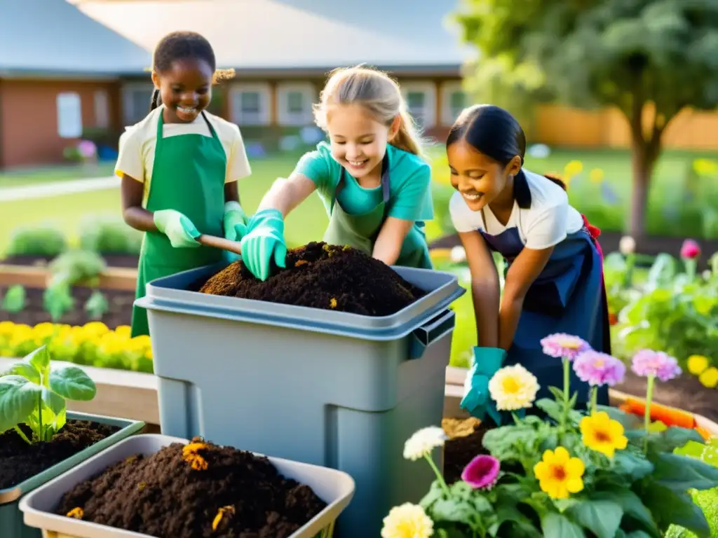 Estudiantes en actividad escolar compostaje orgánico, cuidadosamente añadiendo desechos a un compostero en el jardín escolar, con maestra sonriente y plantas florecientes al fondo