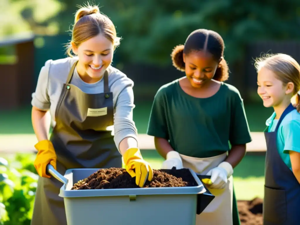 Estudiantes en actividad escolar compostaje orgánico en el jardín, guiados por su sonriente maestra mientras añaden desechos