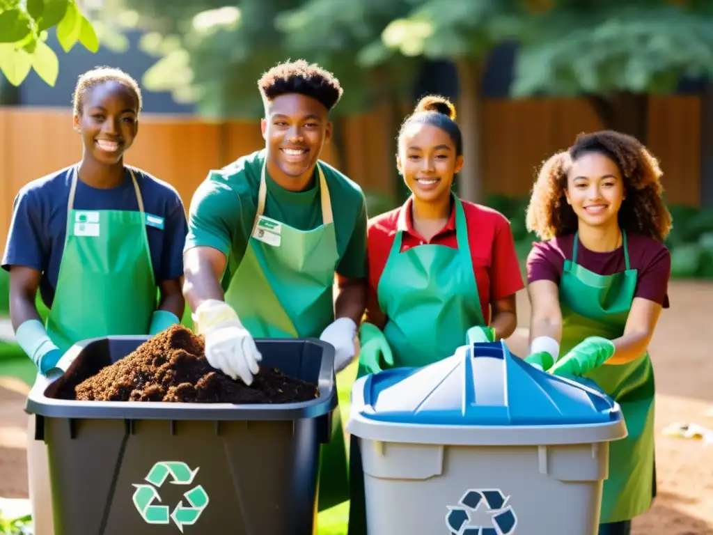 Estudiantes en actividad extraescolar para compostaje y reciclaje, clasificando residuos con determinación en el patio de la escuela