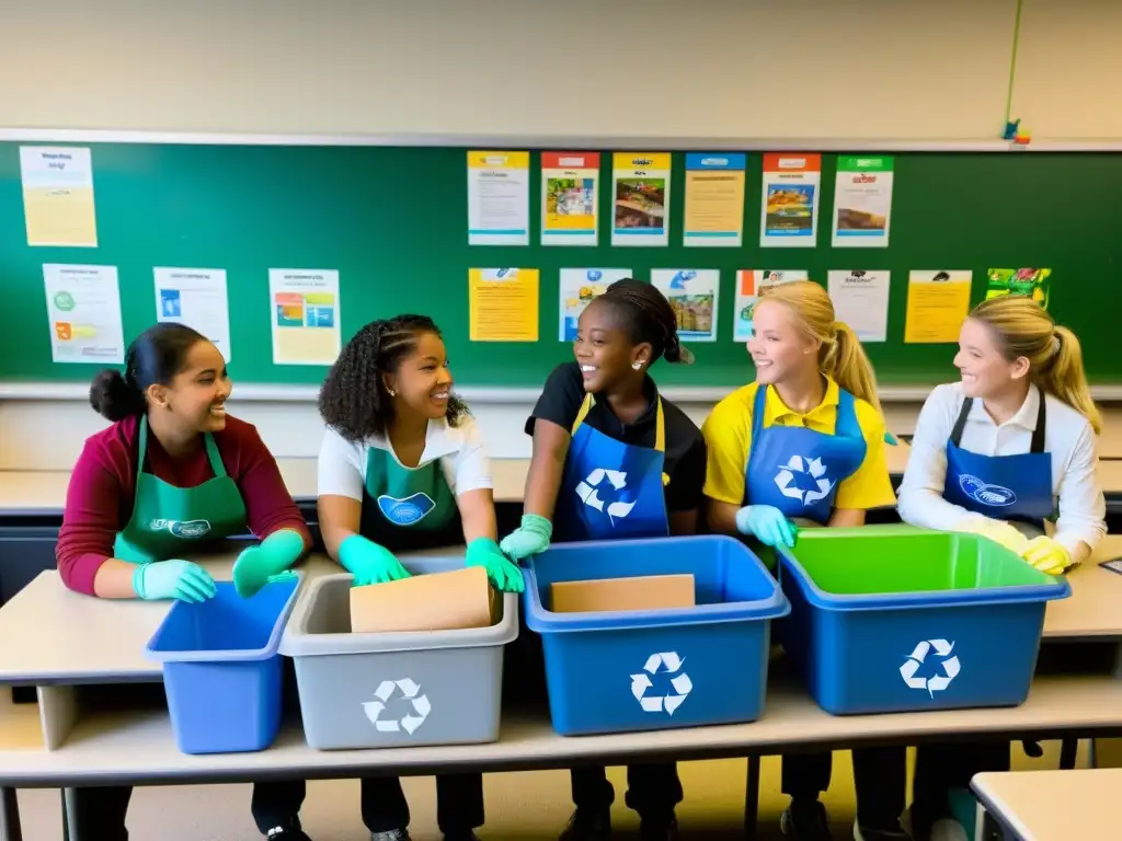 Estudiantes colaboran en actividad de reciclaje y aprendizaje sostenible en aula educativa