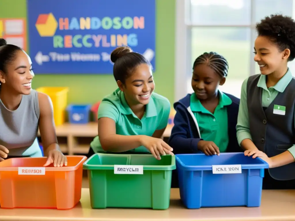 Estudiantes participan en actividad de reciclaje en aula escolar, fomentando enseñanza del reciclaje en escuelas