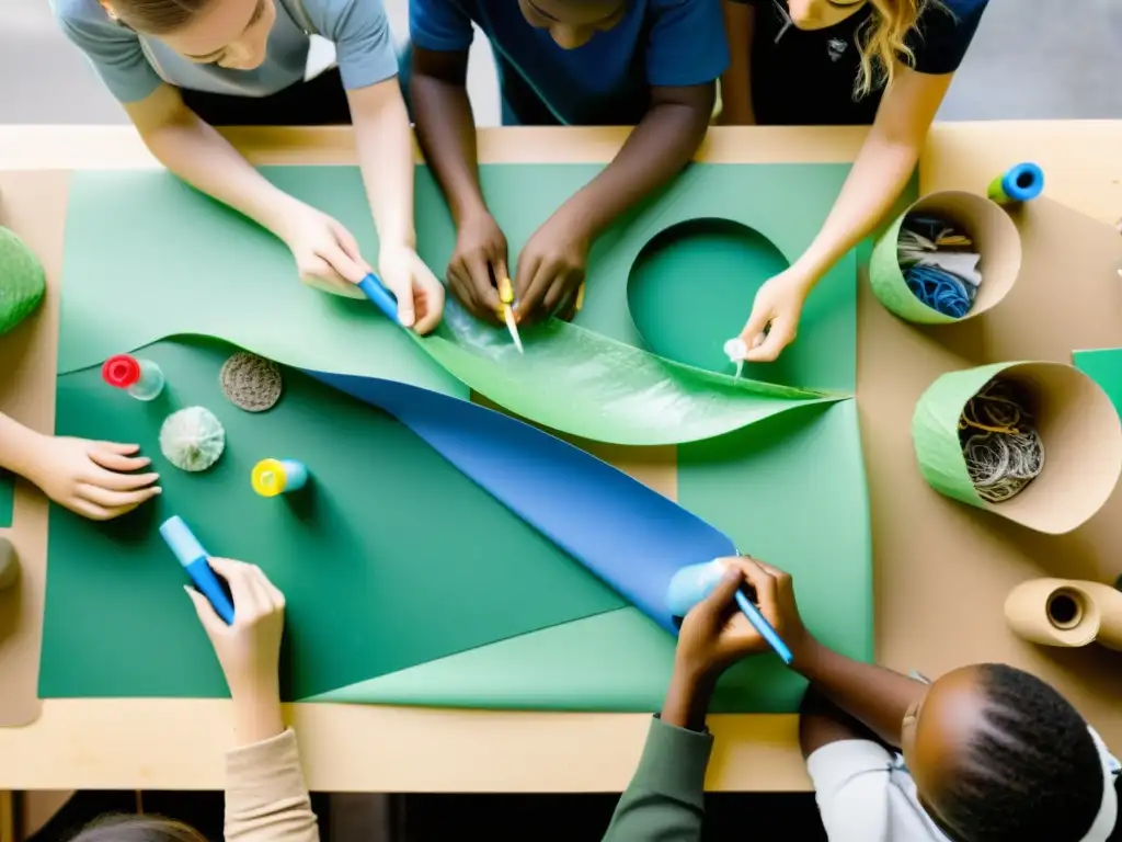 Estudiantes en clase de arte reciclando materiales para crear obras únicas