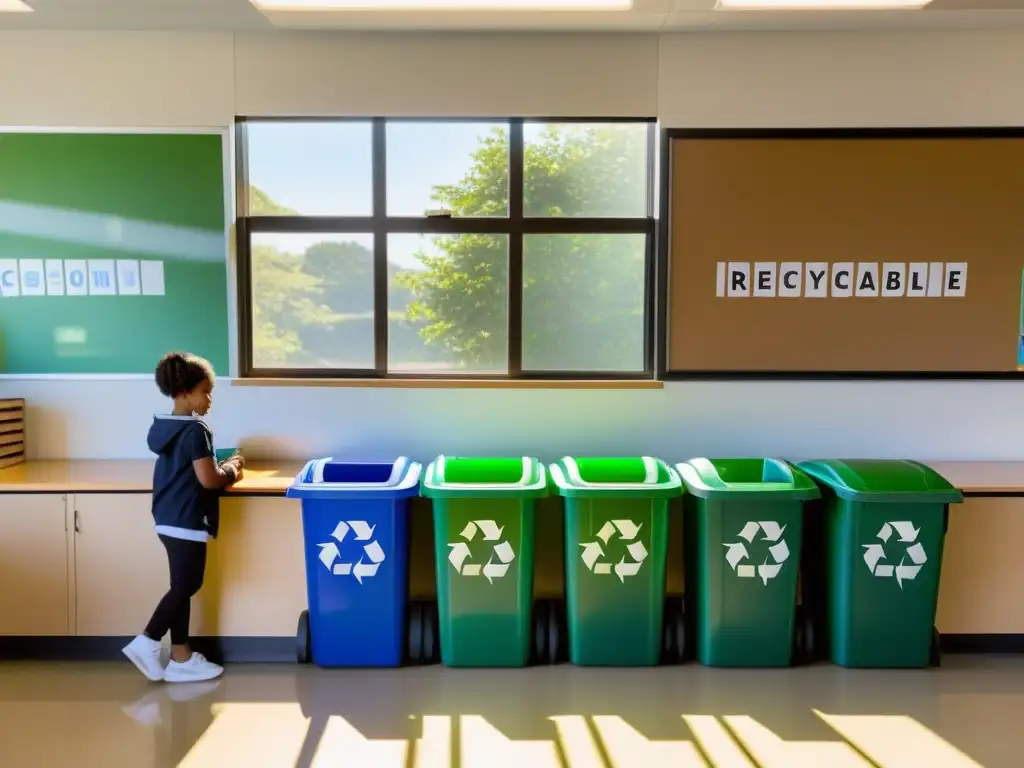 Estudiantes colaborando alegremente en clase, separando materiales reciclables en contenedores etiquetados, con luz natural y símbolo de reciclaje en la pared