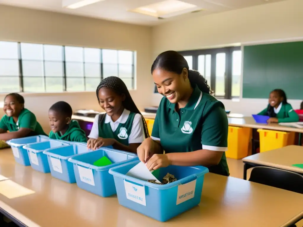 Estudiantes en clase aprenden sobre reciclaje, separando materiales