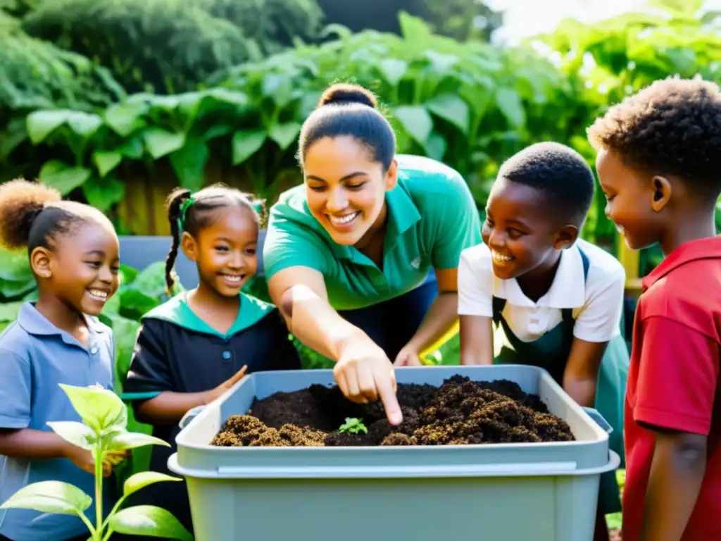 Estudiantes colaborando en la evolución del compostaje en educación en un jardín comunitario