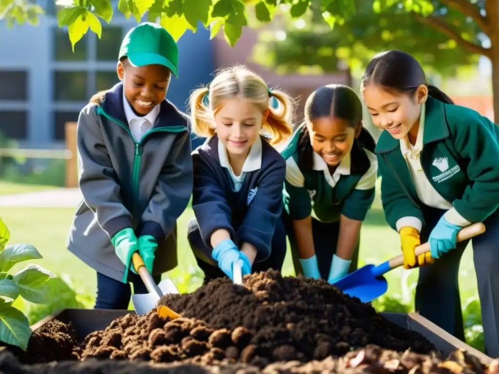 Estudiantes cuidan compostaje escolar iniciación en jardín, fomentando comunidad y sostenibilidad