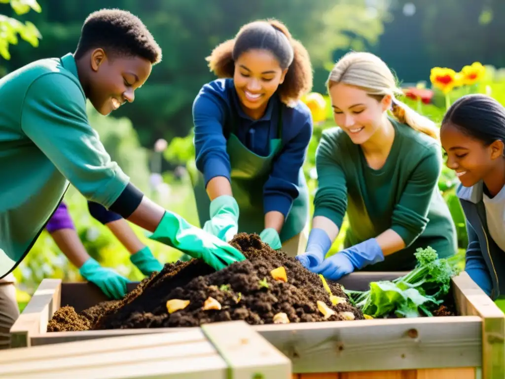 Estudiantes colaborando en compostaje escolar para promover sostenibilidad, mezclando materiales orgánicos en un jardín escolar soleado y vibrante