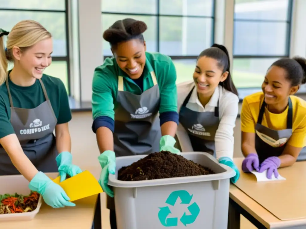 Estudiantes aprenden sobre compostaje y reciclaje en un aula luminosa y acogedora, promoviendo la educación sostenible