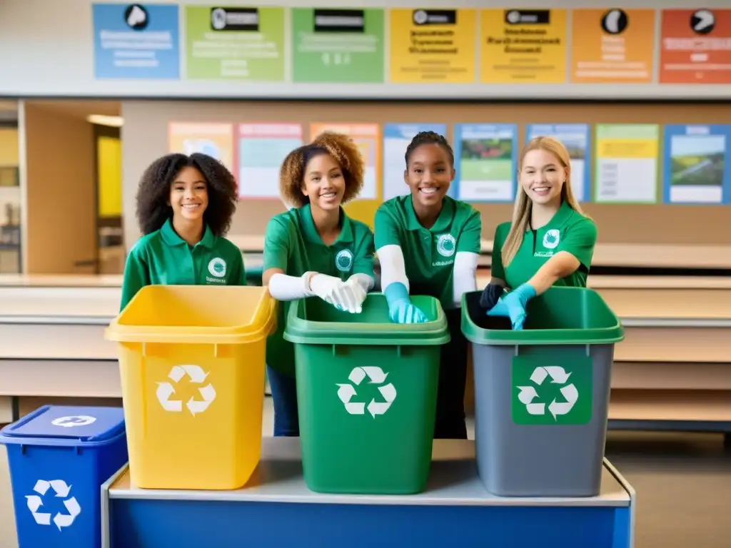 Estudiantes comprometidos en un eficaz plan de reciclaje en la escuela, clasificando materiales reciclables con entusiasmo y trabajo en equipo