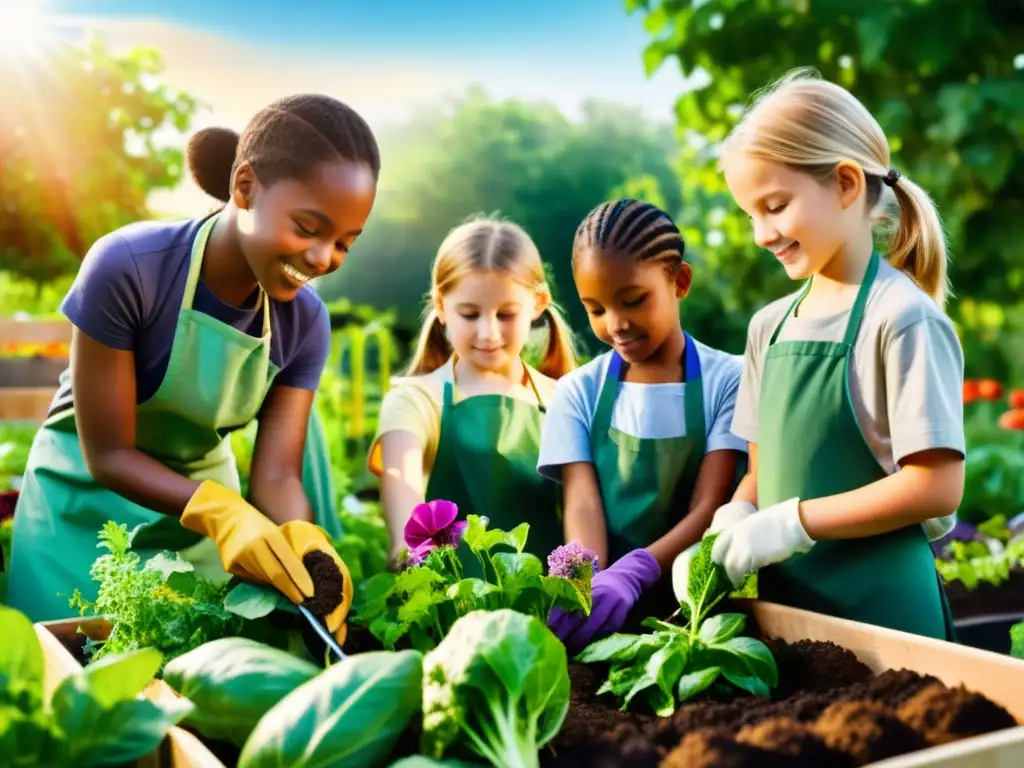 Estudiantes cuidando un jardín comunitario con vegetales y flores