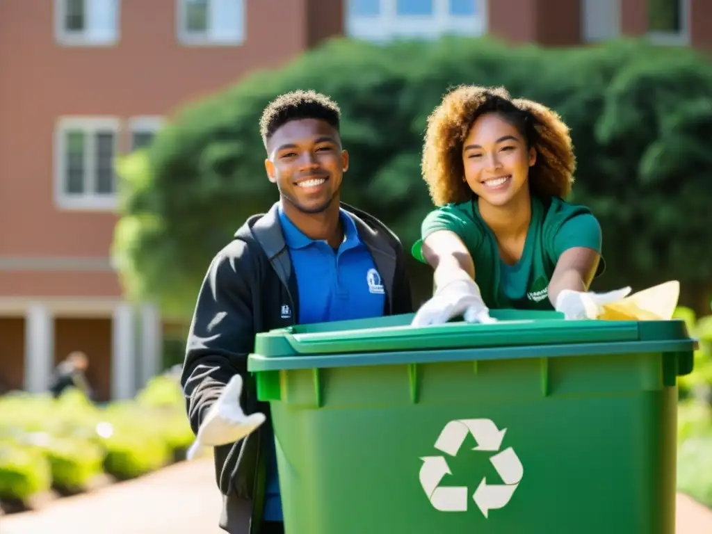 Estudiantes sosteniendo contenedores de reciclaje en escuela con áreas verdes