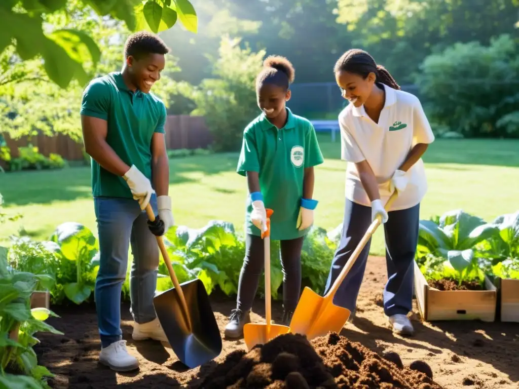 Estudiantes observando descomposición y compostaje en acción en el jardín escolar