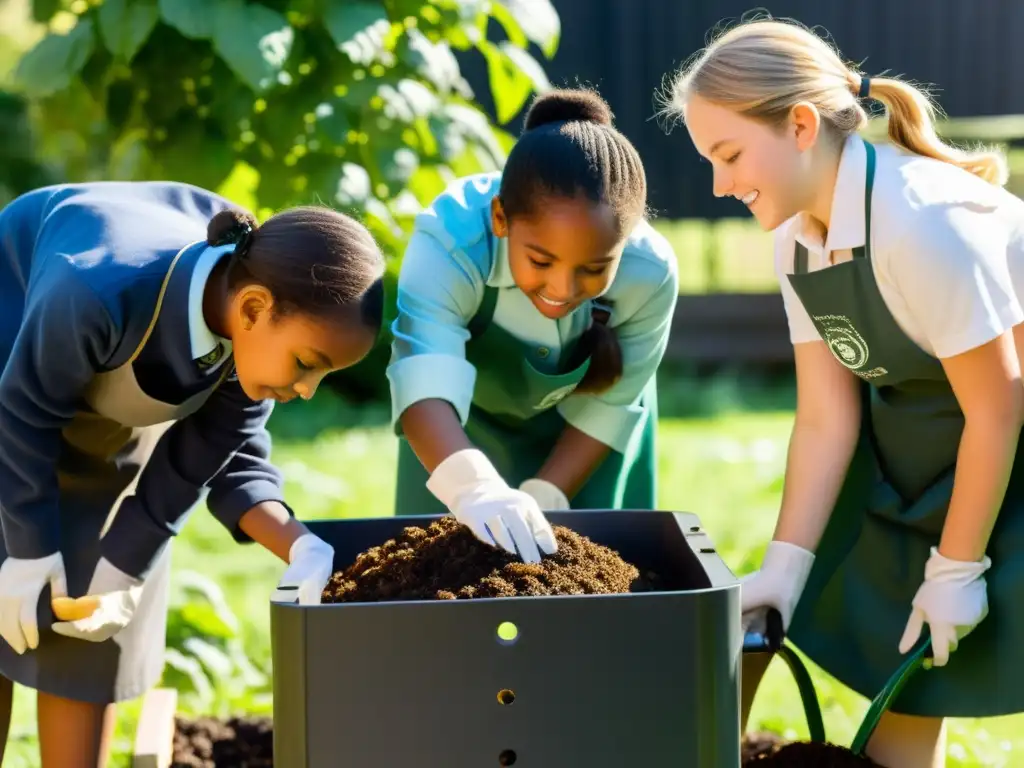 Estudiantes observando descomposición y compostaje en acción en el jardín escolar, con expresiones de curiosidad y fascinación