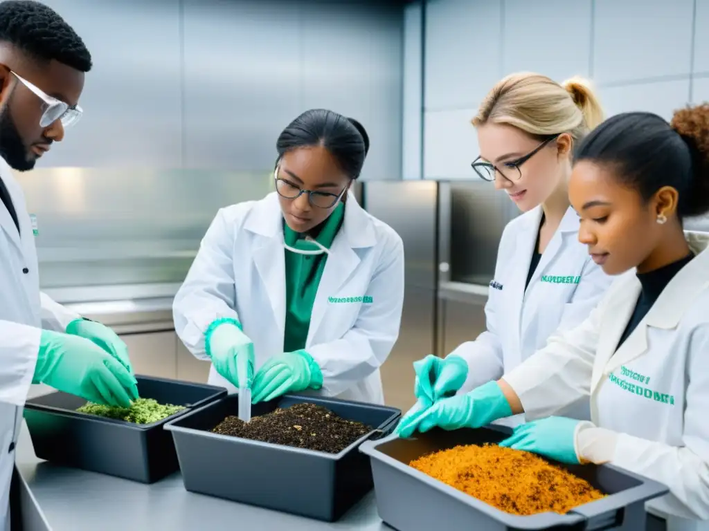 Estudiantes diversificados trabajan en moderno laboratorio, demostrando la importancia de la biotecnología en compostaje