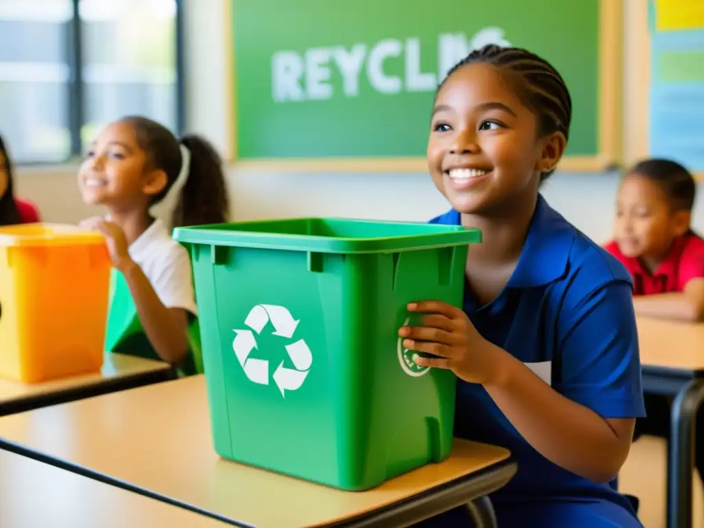 Estudiantes diversxs participan entusiastas en actividad de reciclaje en aula con estrategias didácticas reciclaje aulas