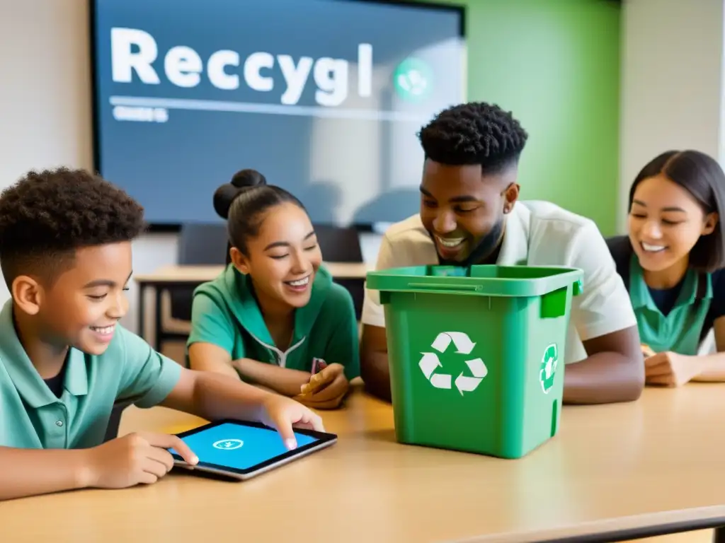 Estudiantes participan emocionados en gamificación para mejorar reciclaje con tablets y contenedores de reciclaje de fondo en aula moderna y luminosa