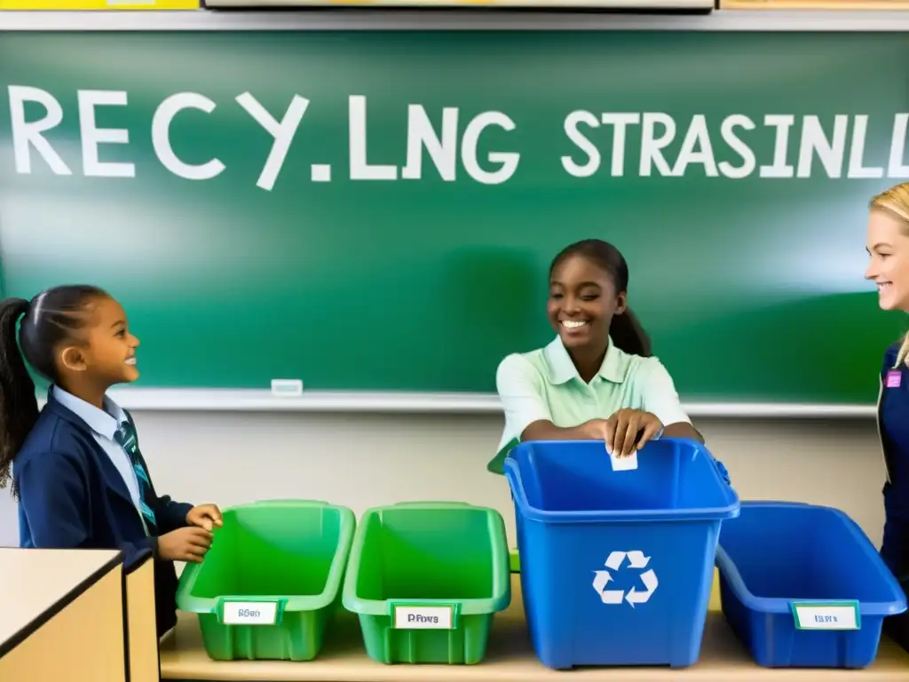 Estudiantes entusiastas participan en actividad de reciclaje, guiados por estrategias didácticas en aulas luminosas