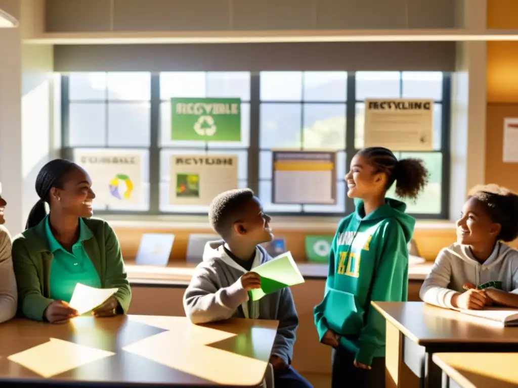 Estudiantes entusiastas participan en una animada discusión sobre estrategias didácticas reciclaje aulas en un aula soleada y educativa