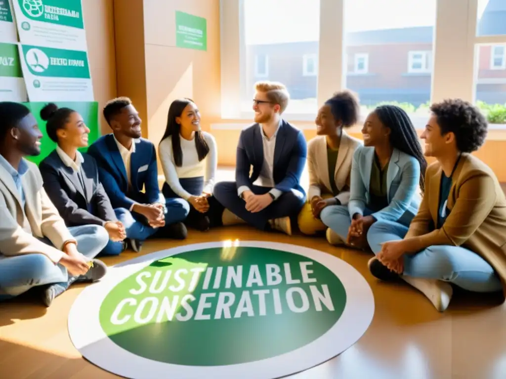 Estudiantes entusiastas en foro estudiantil sobre sostenibilidad y residuos, rodeados de materiales reciclables y carteles de conservación ambiental