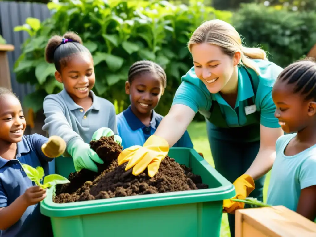 Estudiantes entusiastas trabajan juntos en el compostaje en el jardín escolar, mostrando la evolución del compostaje en educación