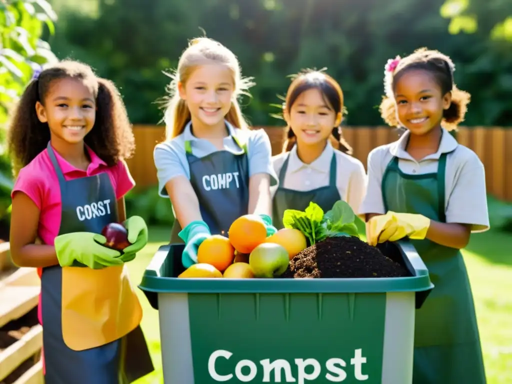 Estudiantes en el jardín escolar realizando compostaje y reciclaje en escuelas con entusiasmo y cuidado bajo el cálido sol