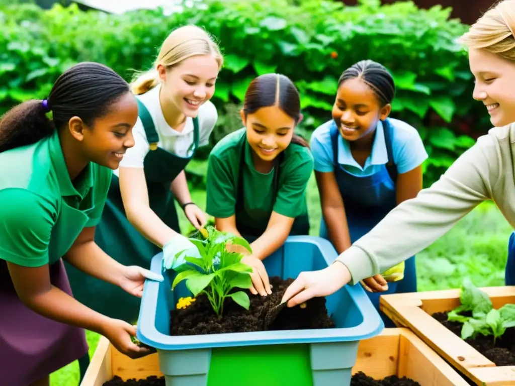 Estudiantes colaborando en el jardín escolar, compostando y reciclando