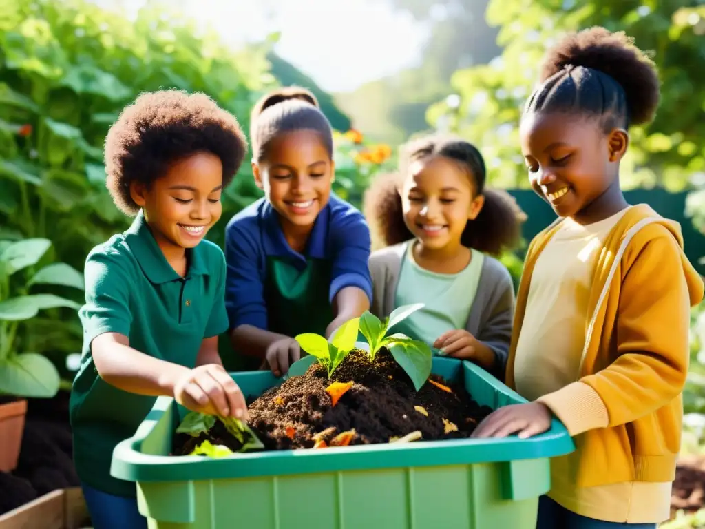 Estudiantes de escuela trabajan juntos en competencias amistosas de compostaje escolar, mezclando desechos en un jardín soleado