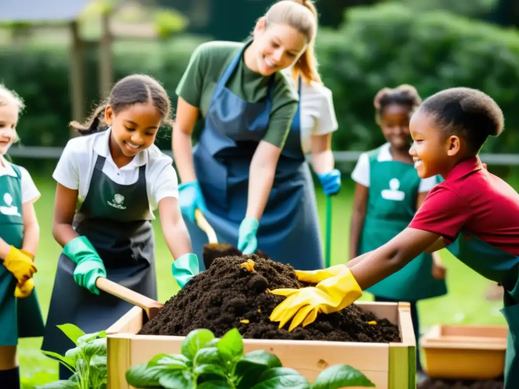 Estudiantes de escuela compostando juntos en el jardín, fomentando la cultura del reciclaje en las escuelas