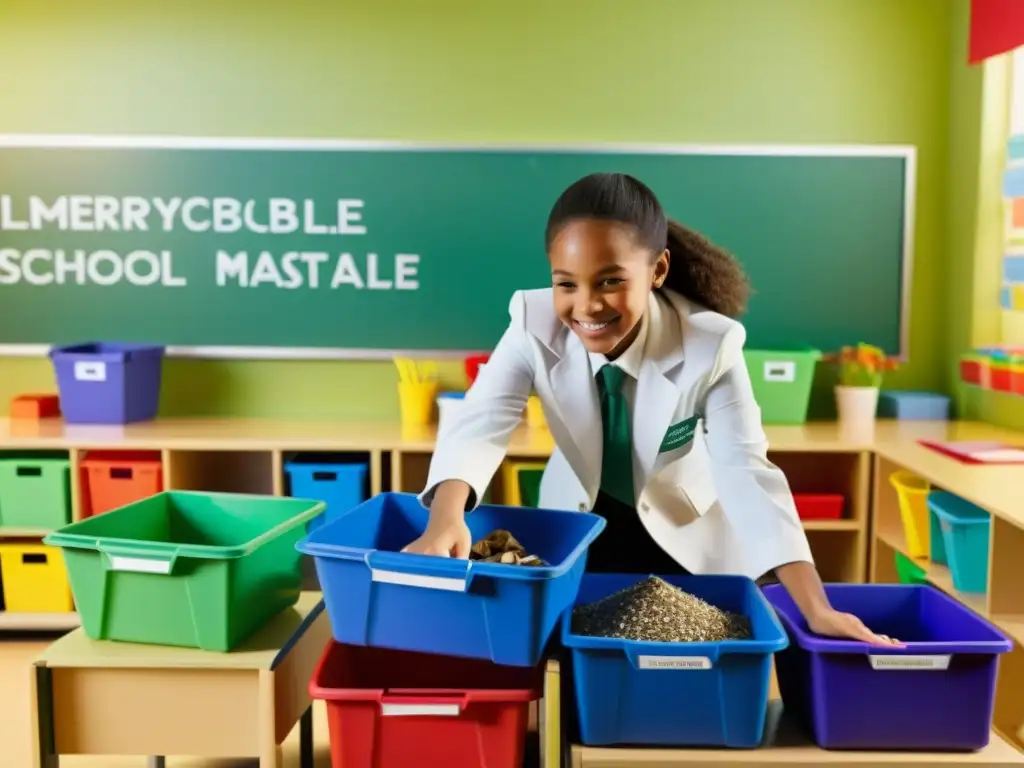 Estudiantes de escuela en uniforme separando materiales reciclables en salón colorido, con maestra sonriente