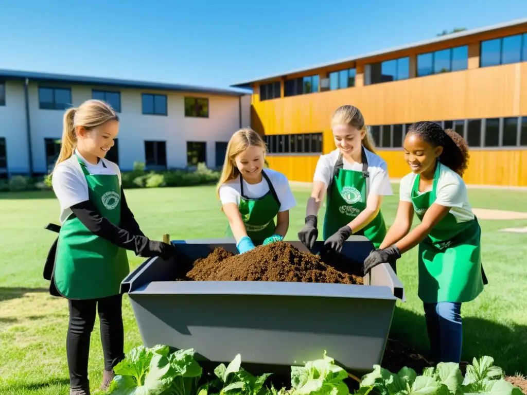 Estudiantes construyendo un espacio compostaje patio escolar, integrando la sostenibilidad en el entorno educativo bajo el cálido sol