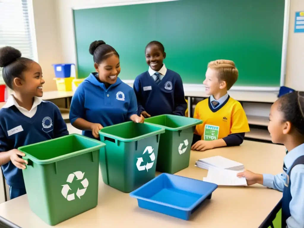 Estudiantes felices participan en actividad de reciclaje guiados por maestra