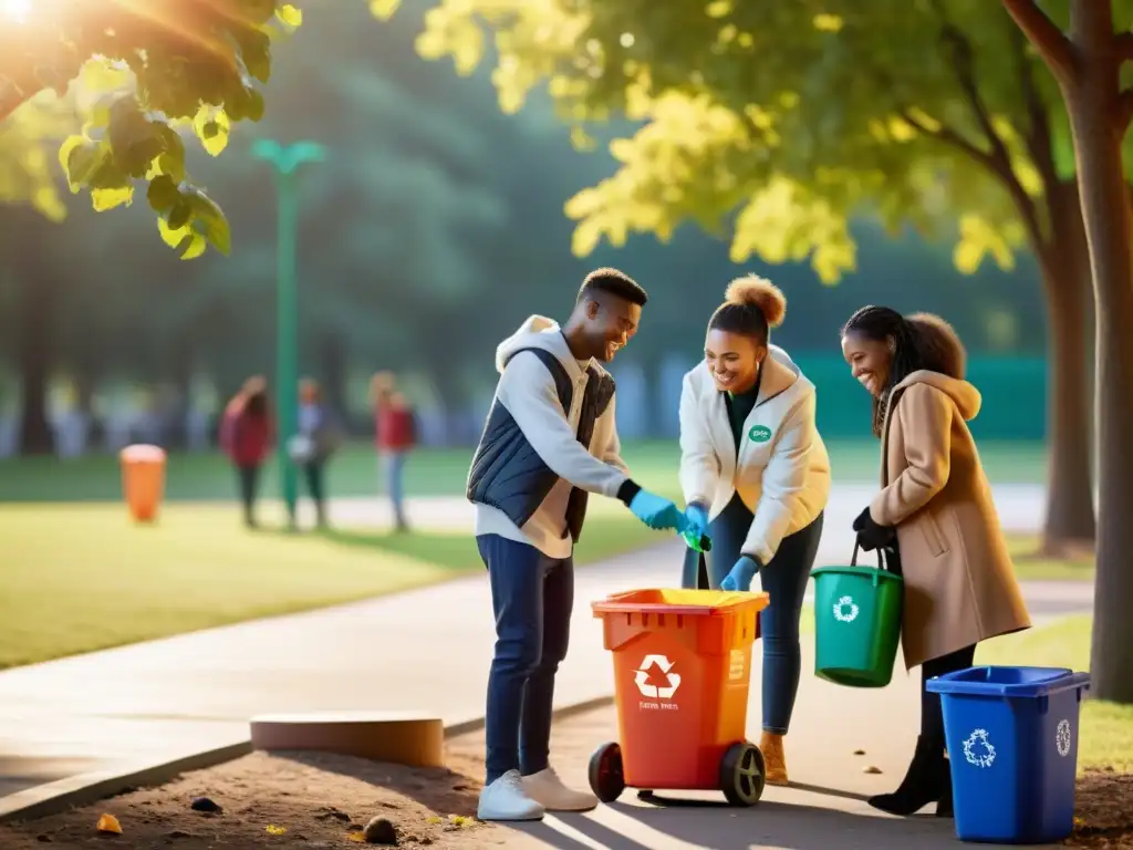 Estudiantes felices recogiendo basura en el parque, con contenedores de reciclaje coloridos al fondo