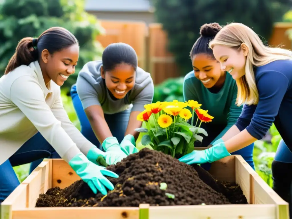 Estudiantes felices en el jardín de la escuela, trabajando juntos para evolucionar el compostaje en educación