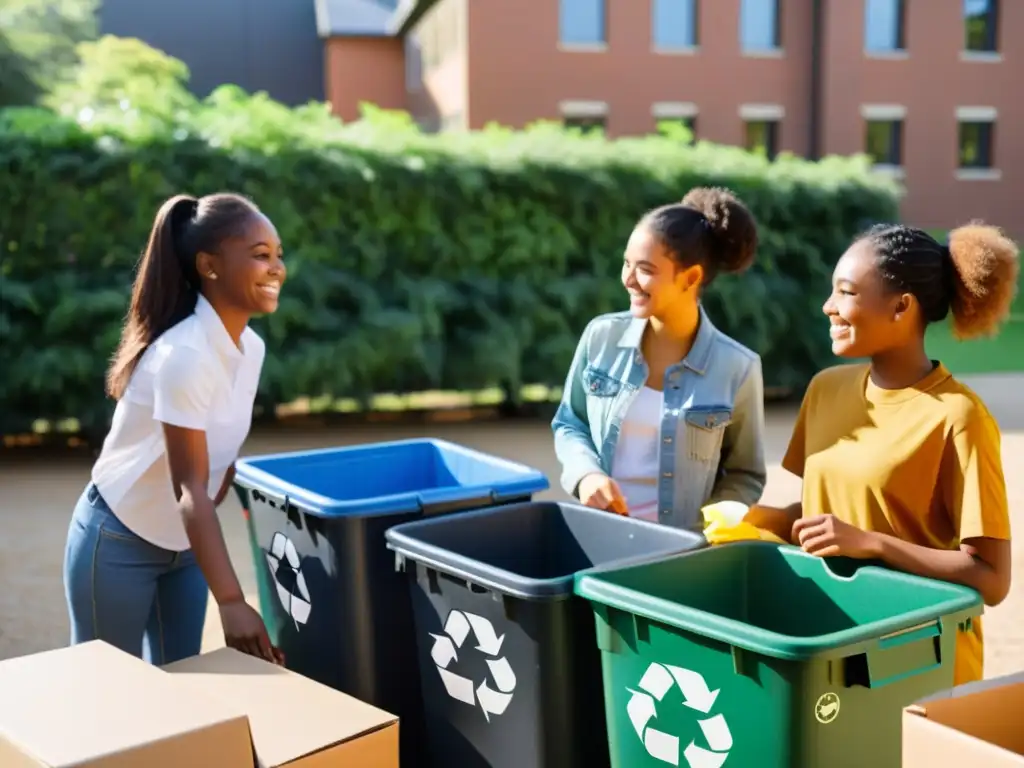 Estudiantes felices participan en un plan de reciclaje efectivo en la escuela, clasificando residuos en el patio soleado