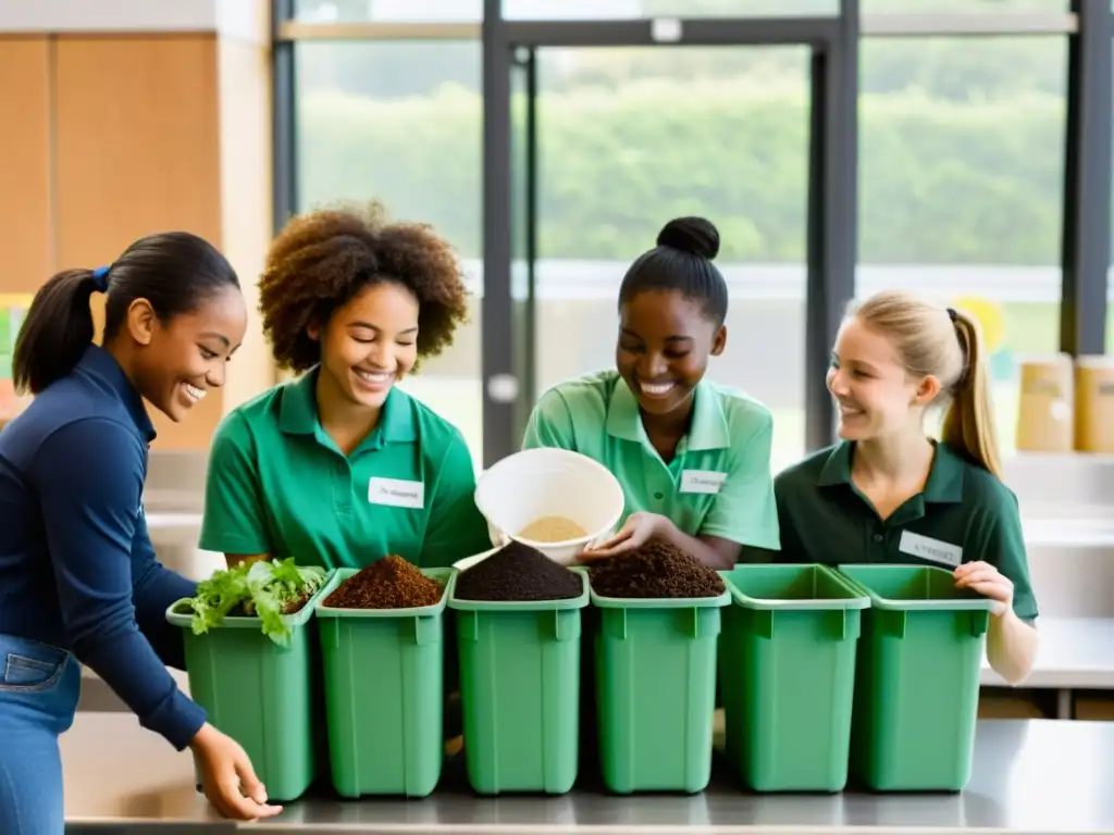 Estudiantes felices clasificando residuos en la cafetería escolar