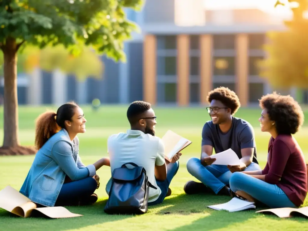 Estudiantes en foro estudiantil sobre sostenibilidad y residuos, colaboración y entusiasmo en la universidad al atardecer