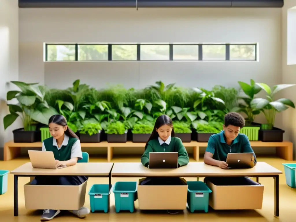 Estudiantes usando herramientas digitales en un aula con compostaje y naturaleza