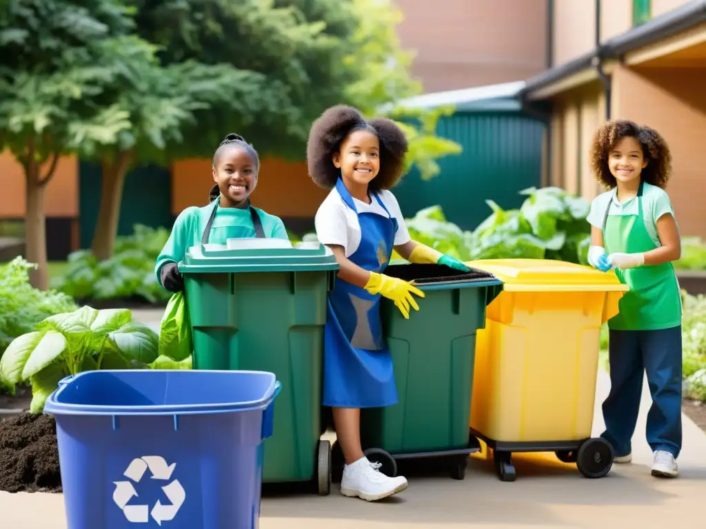 Estudiantes trabajan juntos en la gestión de residuos, separando y reciclando en el patio escolar, con profesor sonriente