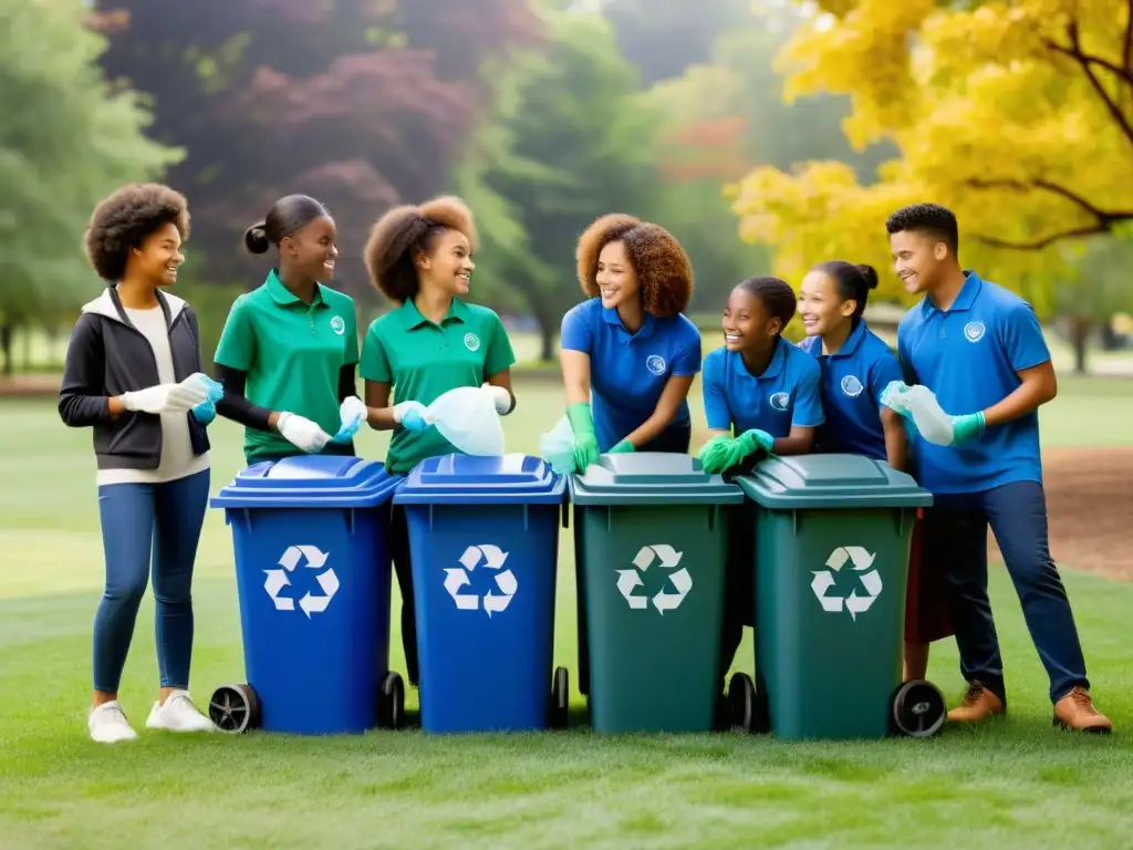 Estudiantes colaborando en limpieza del parque, reciclando materiales