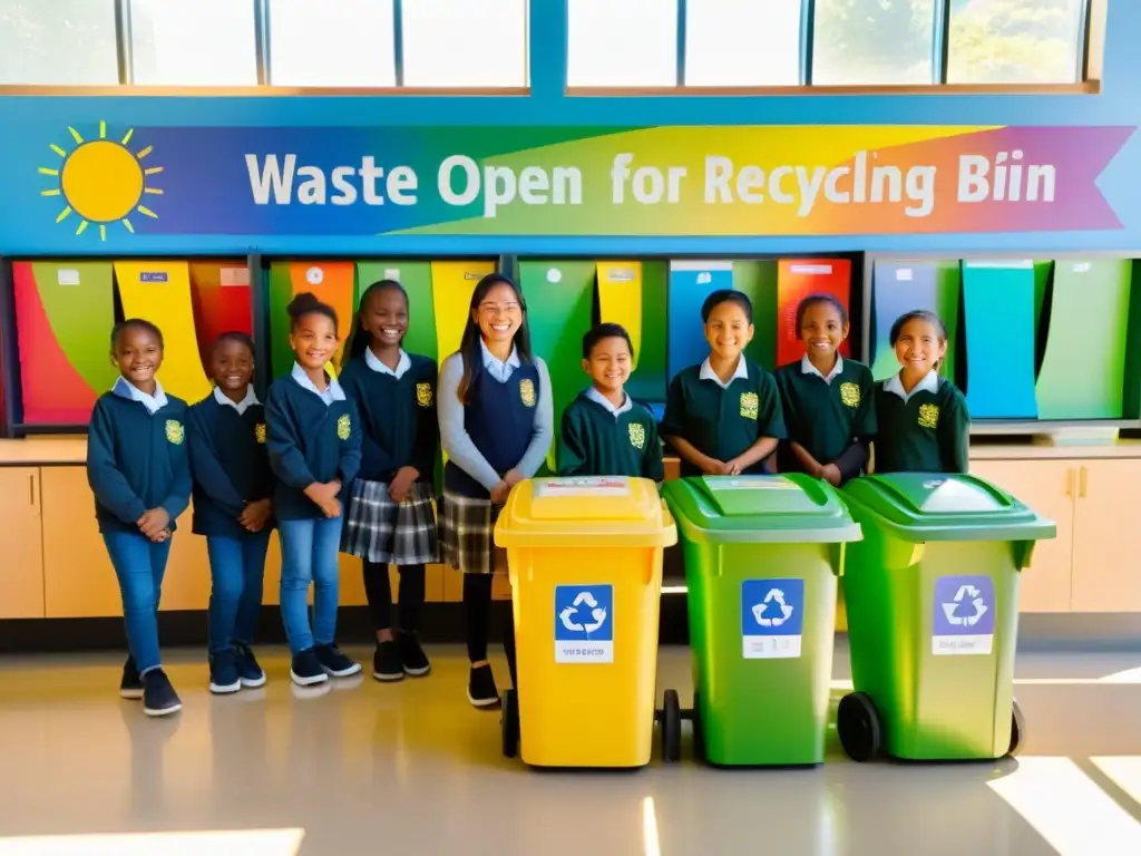 Estudiantes y maestra en estación de reciclaje escolar, participando en puertas abiertas con entusiasmo y compromiso por el reciclaje escolar