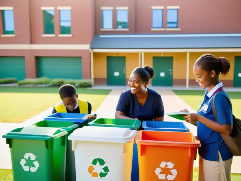 Estudiantes y maestros realizan actividades de reciclaje en el patio de la escuela, fomentando la sostenibilidad