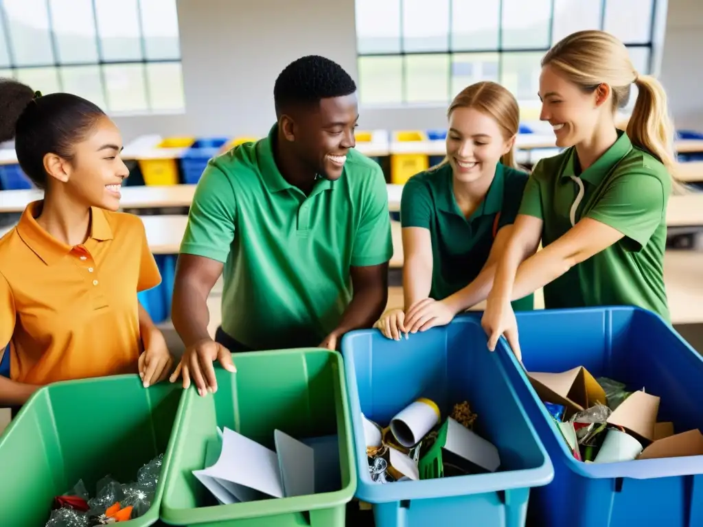 Estudiantes y maestros colaborando en un centro de reciclaje escolar moderno, con materiales coloridos y ambiente colaborativo