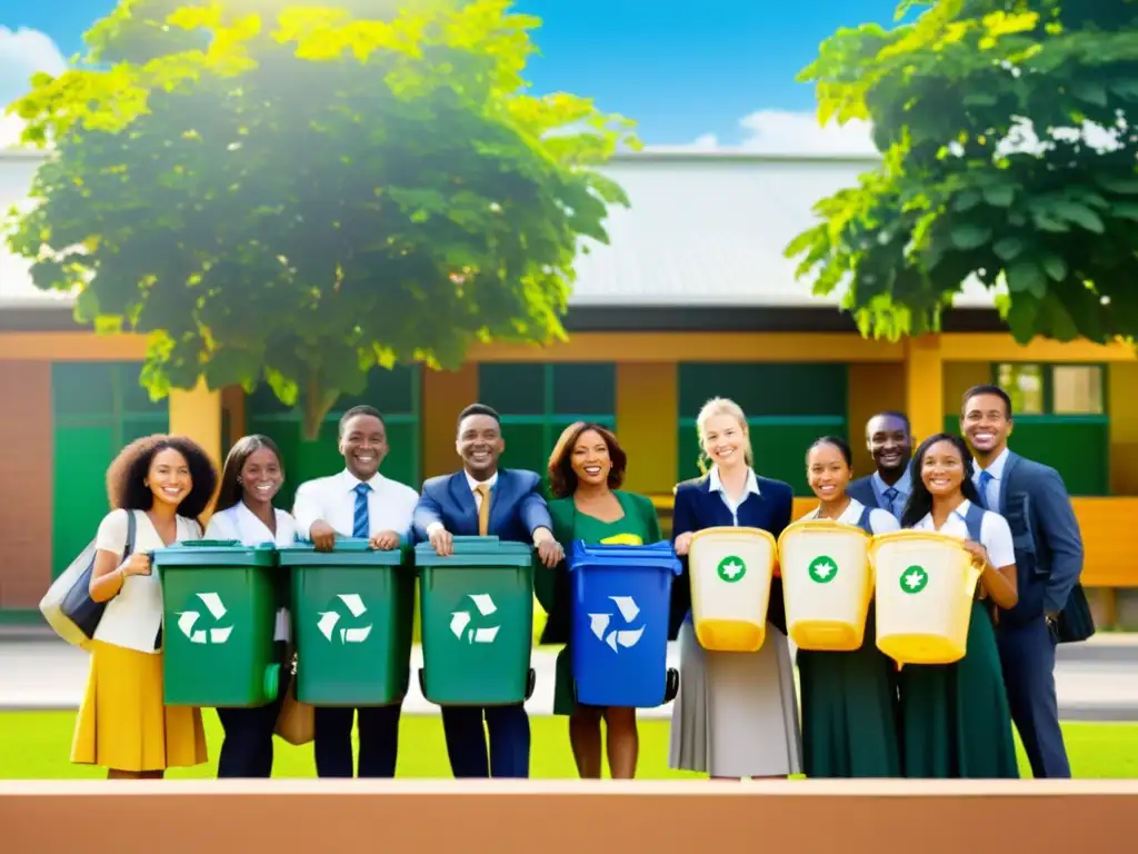 Estudiantes y maestros promoviendo la cultura del reciclaje en las escuelas, unidos frente al edificio escolar, rodeados de naturaleza exuberante y el sol brillante