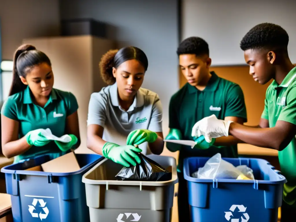 Estudiantes comprometidos clasificando reciclables Estudiantes motivados clasificando materiales reciclables en la escuela, promoviendo la gestión de residuos en el hogar